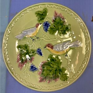 Vintage Decorative German Majolica Green Plate, Birds Grapes Leaves, 8”